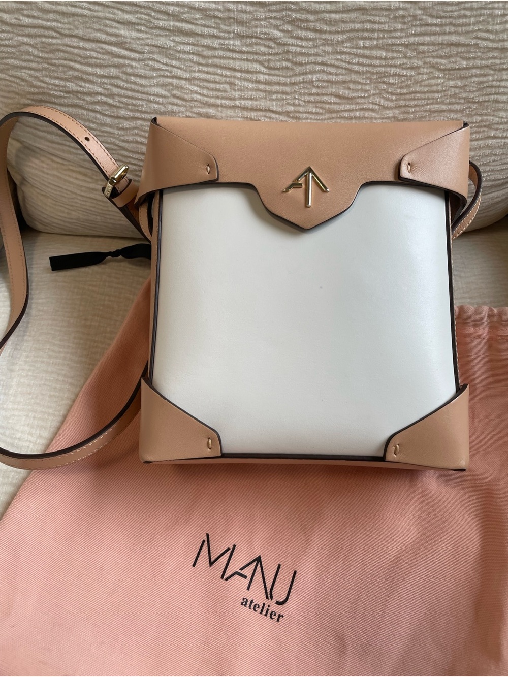 MANU Atelier White and Tan Leather Crossbody Bag with Original Dust Bag